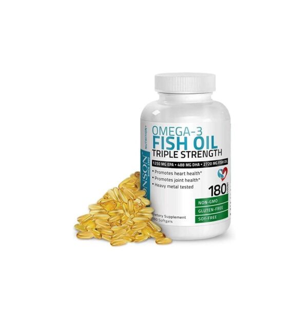 Bronson Omega 3 Fish Oil Triple Strength 2720 mg, High EPA 1250 mg DHA 488 mg, Non-GMO Heavy Metal Tested, 180 Softgels