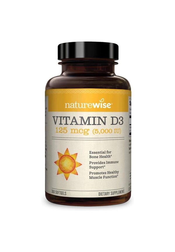 NatureWise Vitamin D3 5000iu (125 mcg) 1 Year Supply for Healthy Muscle Function, and Immune Support, Non-GMO, Gluten Free in Cold-Pressed Olive Oil, Packaging Vary ( Mini Softgel), 360 Count